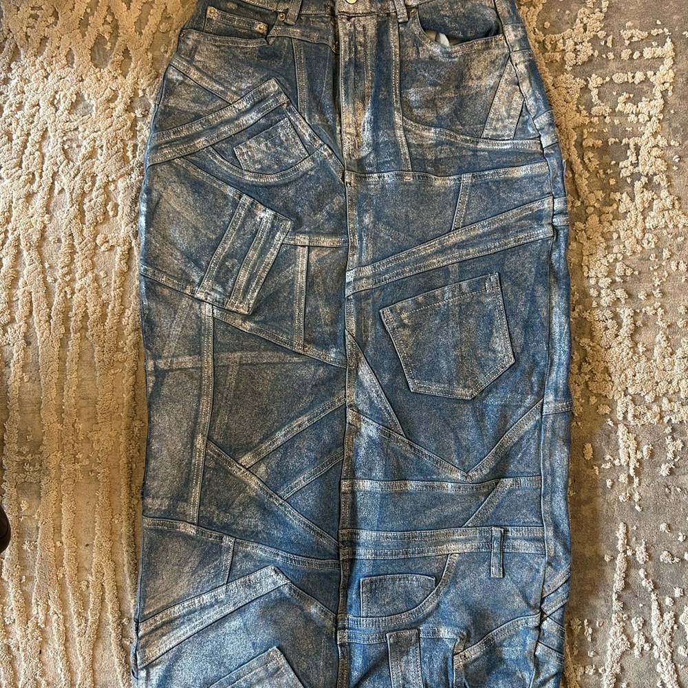 AKIRA Distressed Blue Patchwork Midi Skirt
